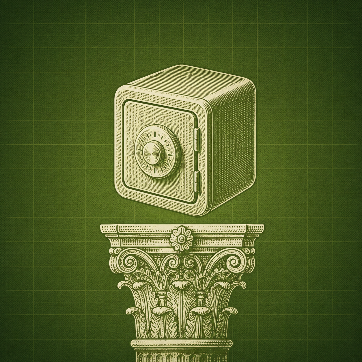Vaulted safe resting above a classical capital